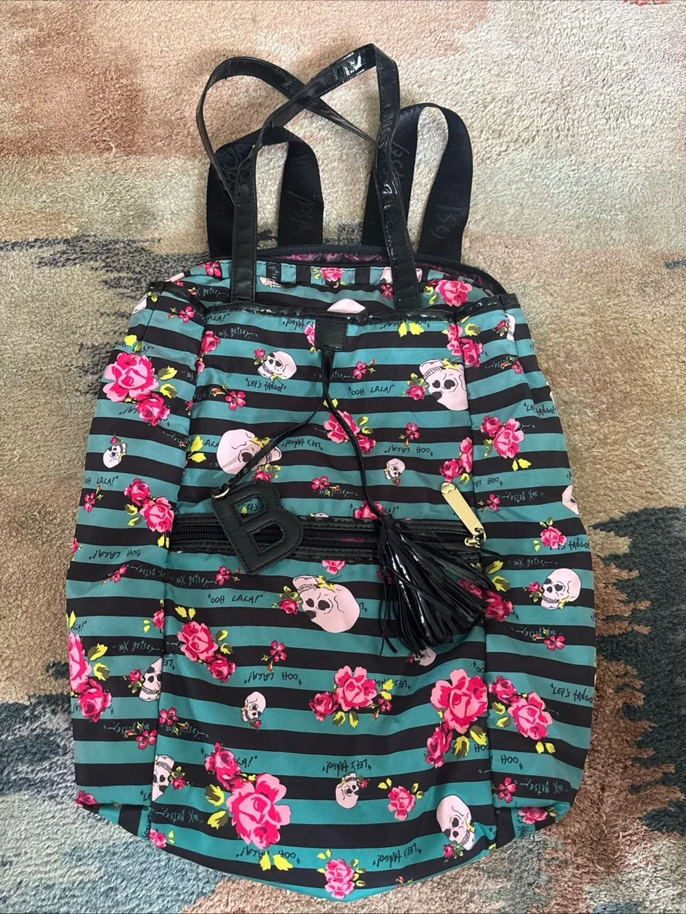 Betsey Johnson Teal & Black Striped Floral Skull Backpack PERFECT